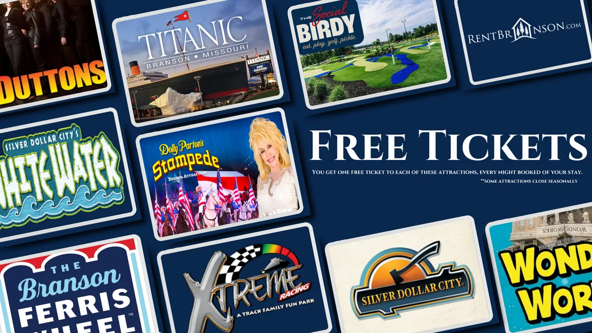 A vibrant interior scene showcasing attraction tickets, colorful graphics, and text descriptions that hint at nearby entertainment options like Silver Dollar City. The energetic composition invokes the excitement of planning family outings and adventures.
